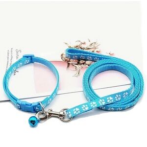 Adjustable Reflective Small Pet Collar & Leash Set w Bell, Sky Blue